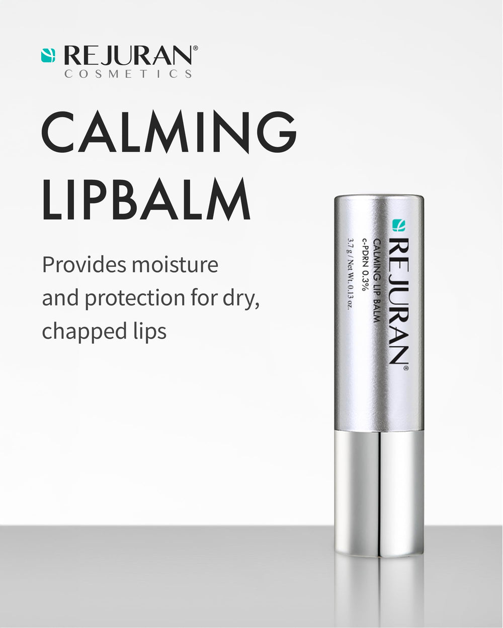 REJURAN Calming Lip Balm application scene shows smooth, non-sticky wear.