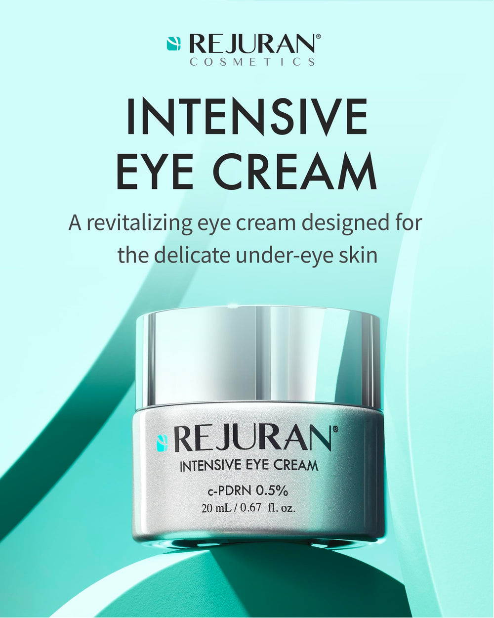 Rejuran eye cream hyaluronic-acid closeup; moisture delivery for plump, smooth under-eye skin.