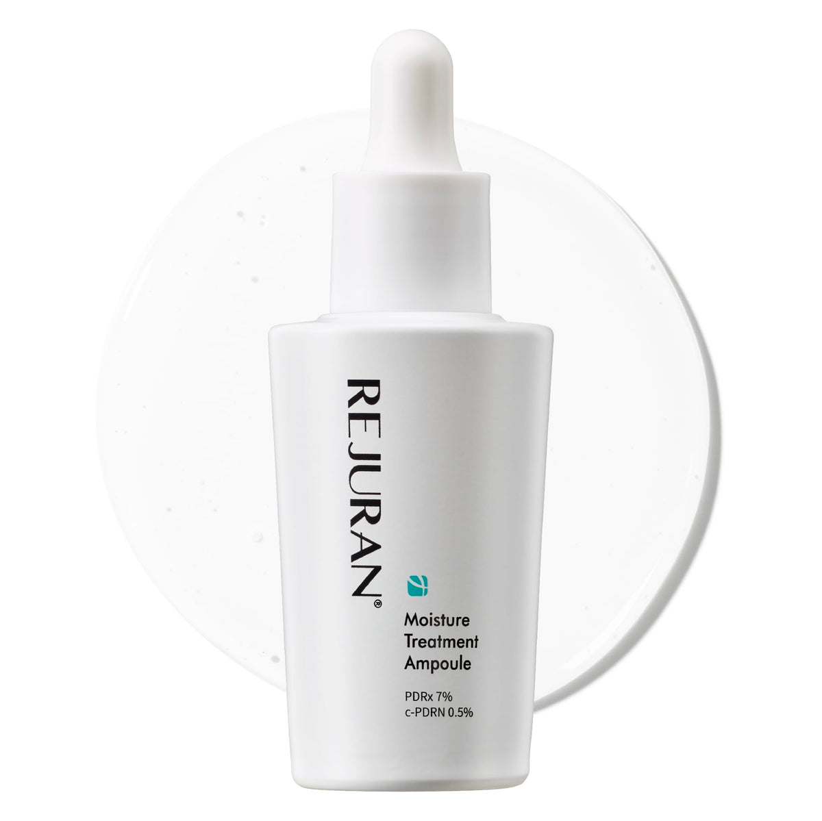 REJURAN Moisture Treatment Ampoule bottle closeup highlights PDRx hydration for calm, refreshed skin.