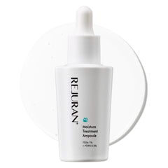 REJURAN Moisture Treatment Ampoule bottle closeup highlights PDRx hydration for calm, refreshed skin.
