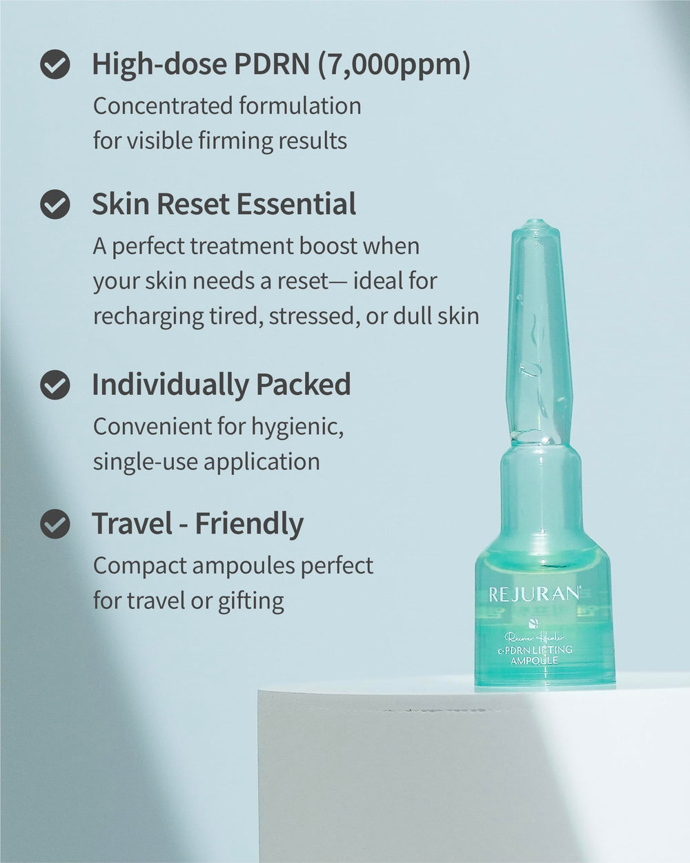 REJURAN Recover c-PDRN ampoule box highlights cruelty-free and clean formulation.