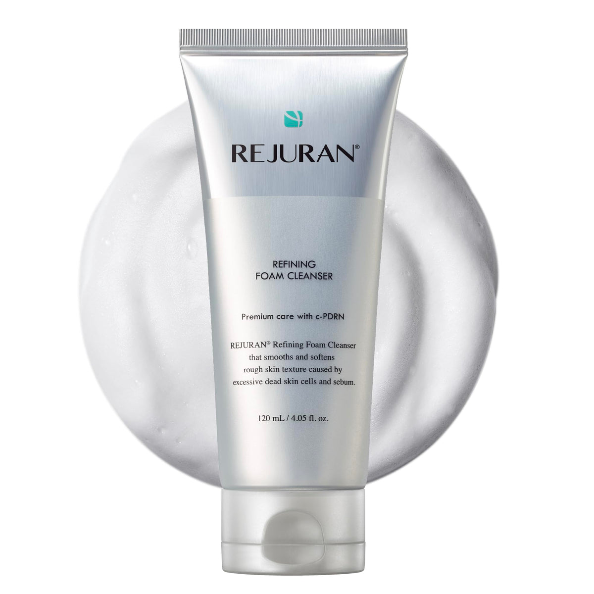 REJURAN Refining Foam Cleanser bottle pouring for gentle cleansing and hydration