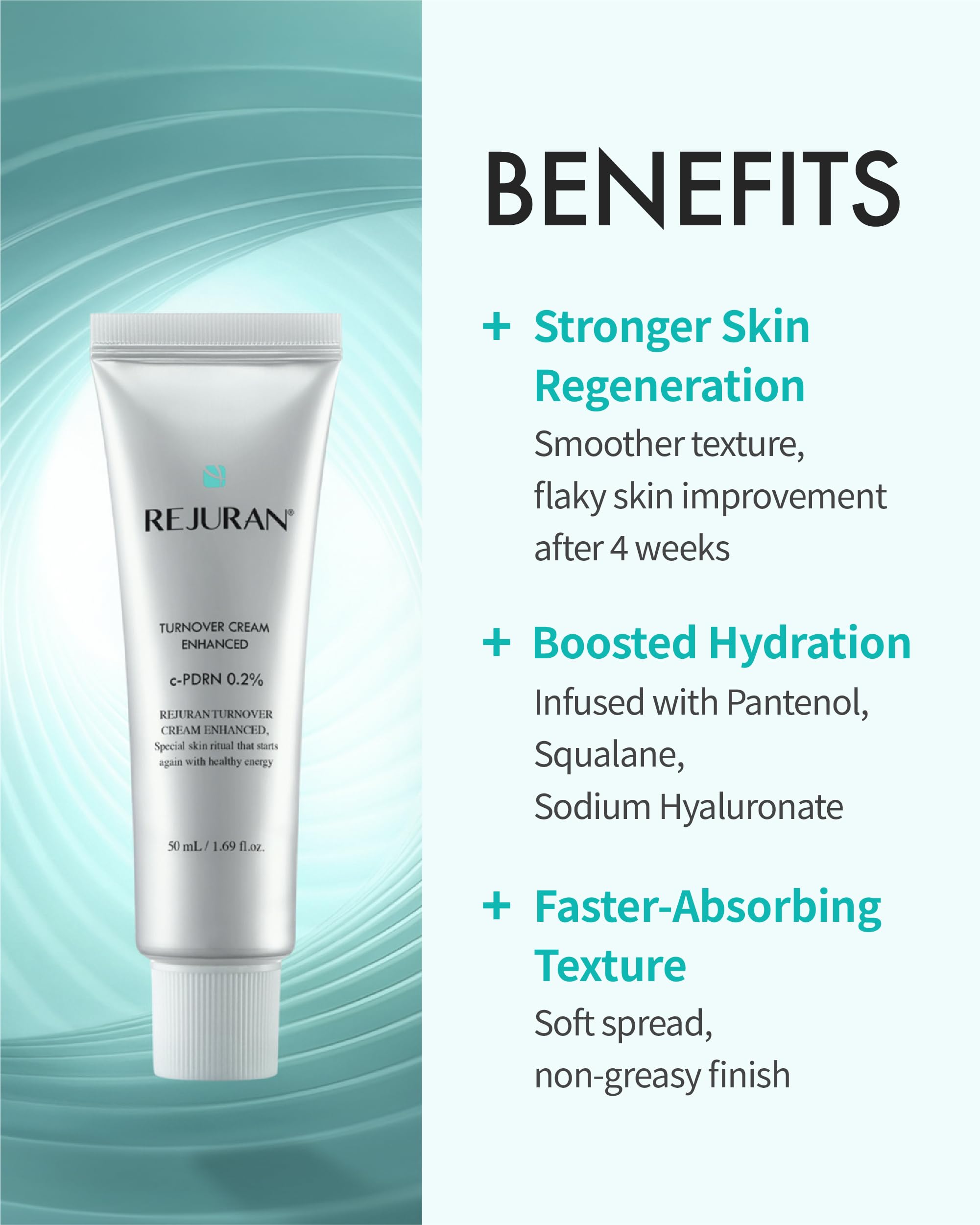REJURAN Turnover Cream application hydration closeup demonstrates quick absorption for daily moisture.
