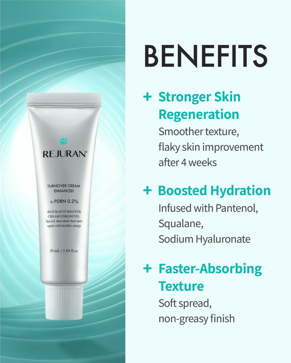REJURAN Turnover Cream application hydration closeup demonstrates quick absorption for daily moisture.