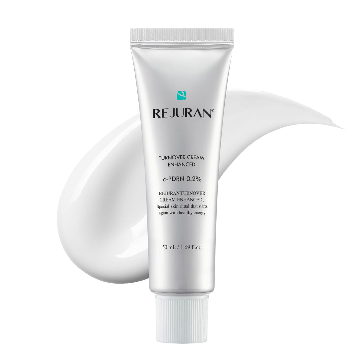 REJURAN Turnover Cream Enhanced bottle closeup, premium packaging for smoother skin goals.