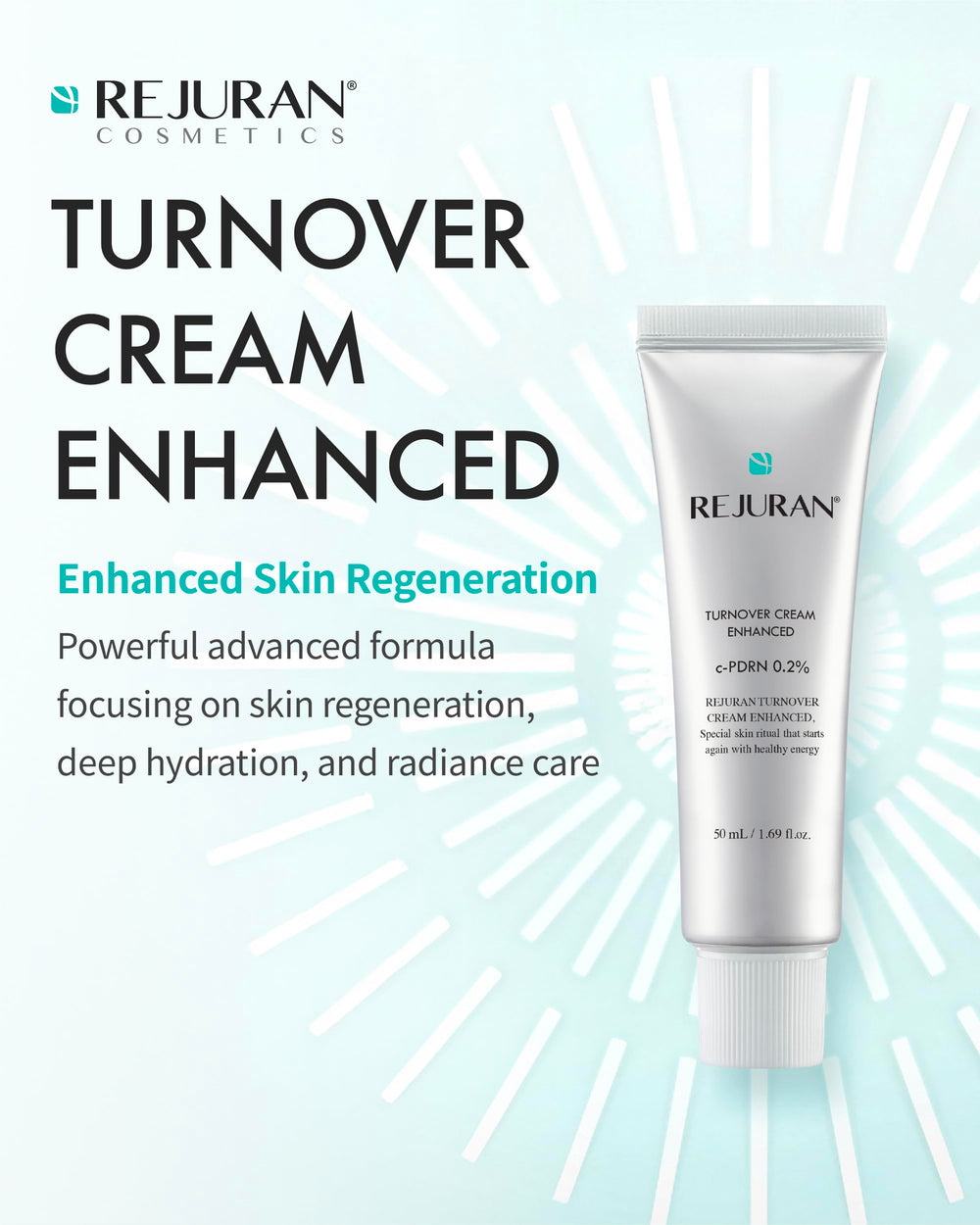 REJURAN Turnover Cream texture spread shows silky, fast-absorbing finish for dewy skin.