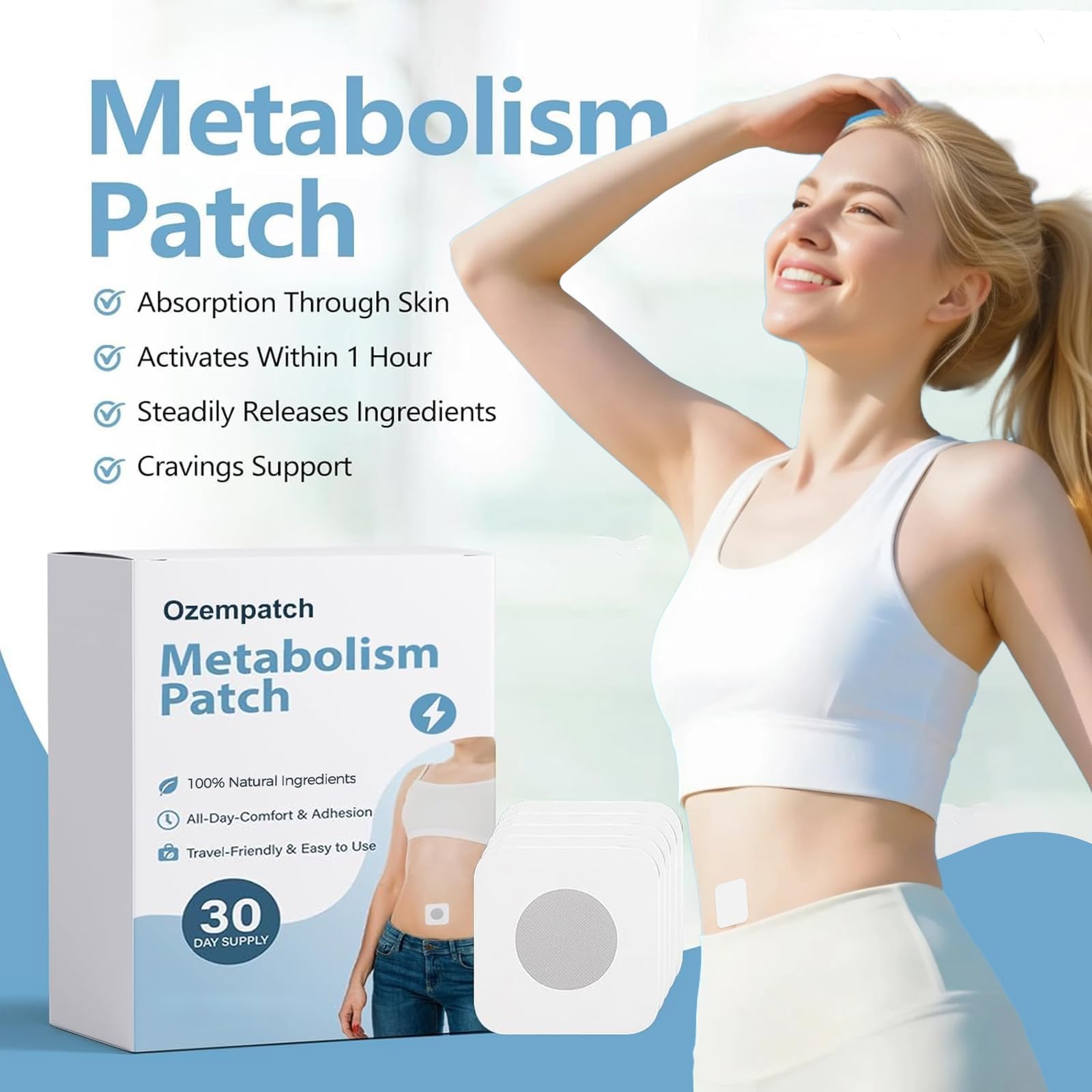 RejuvaCare Ozempatch skin-toned adhesive blends with skin during workouts and sleep.