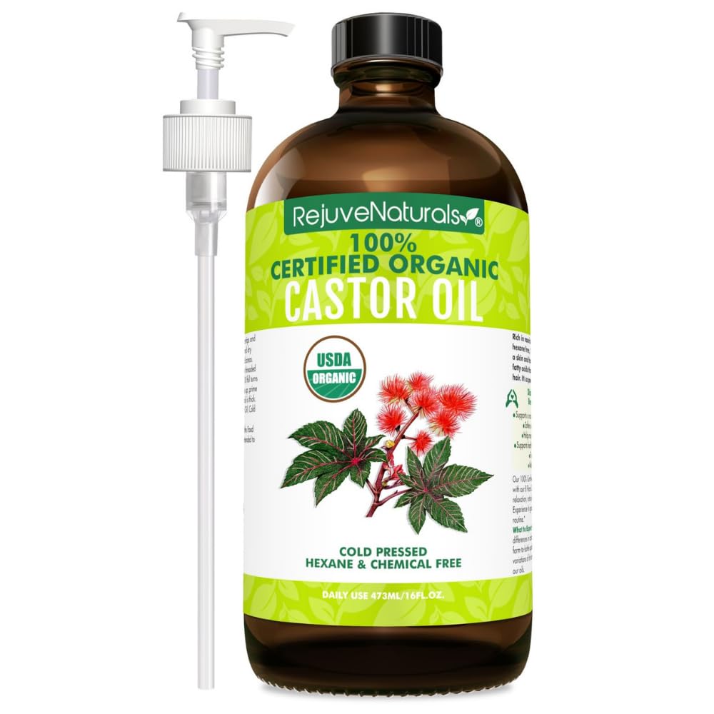RejuveNaturals Castor Oil 16oz bottle close-up for pure organic care