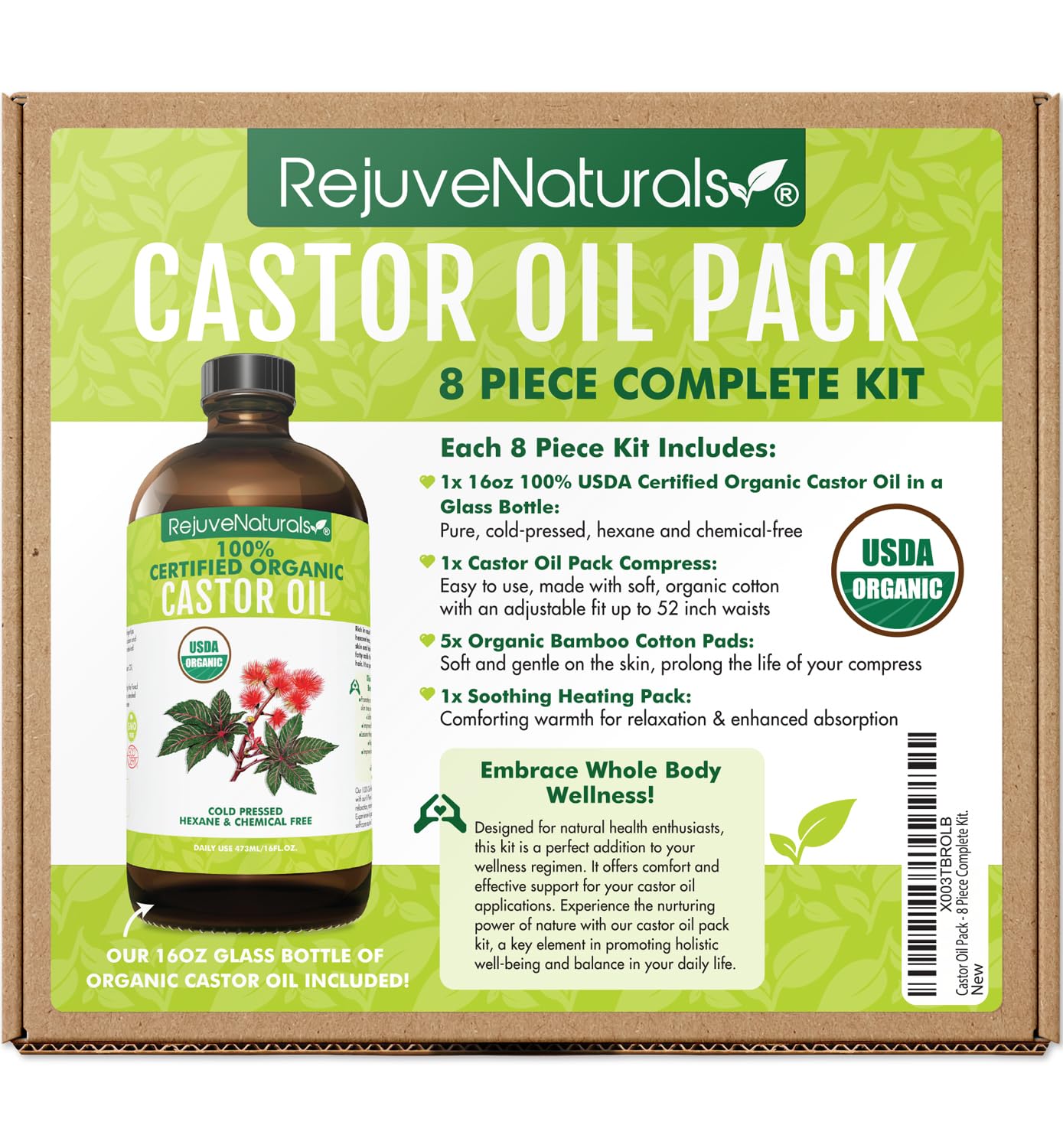 RejuveNaturals castor oil pack 16oz bottle - pure oil for soothing self-care rituals.