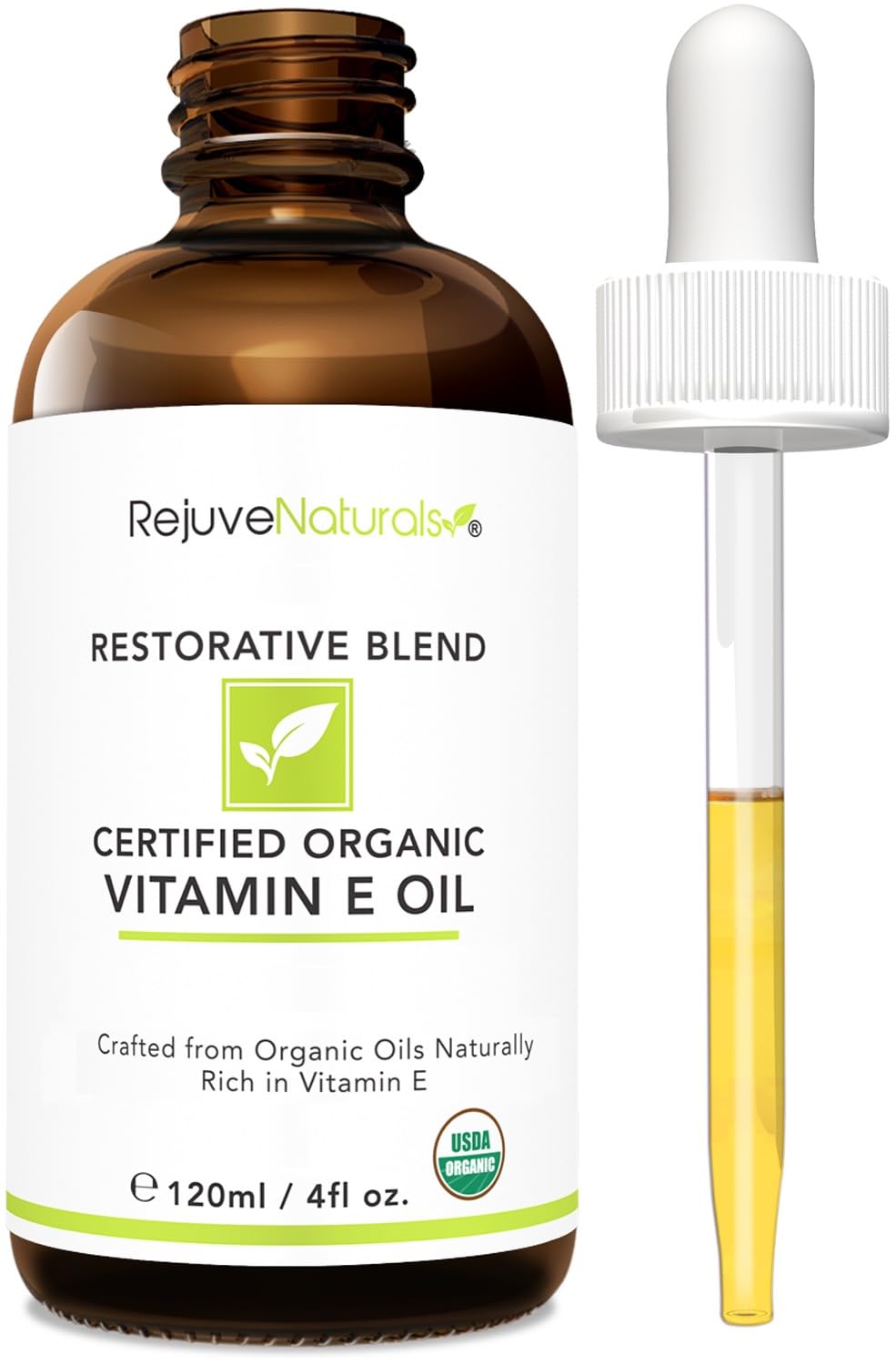 RejuveNaturals Vitamin E Oil 4oz bottle for radiant, hydrated skin.