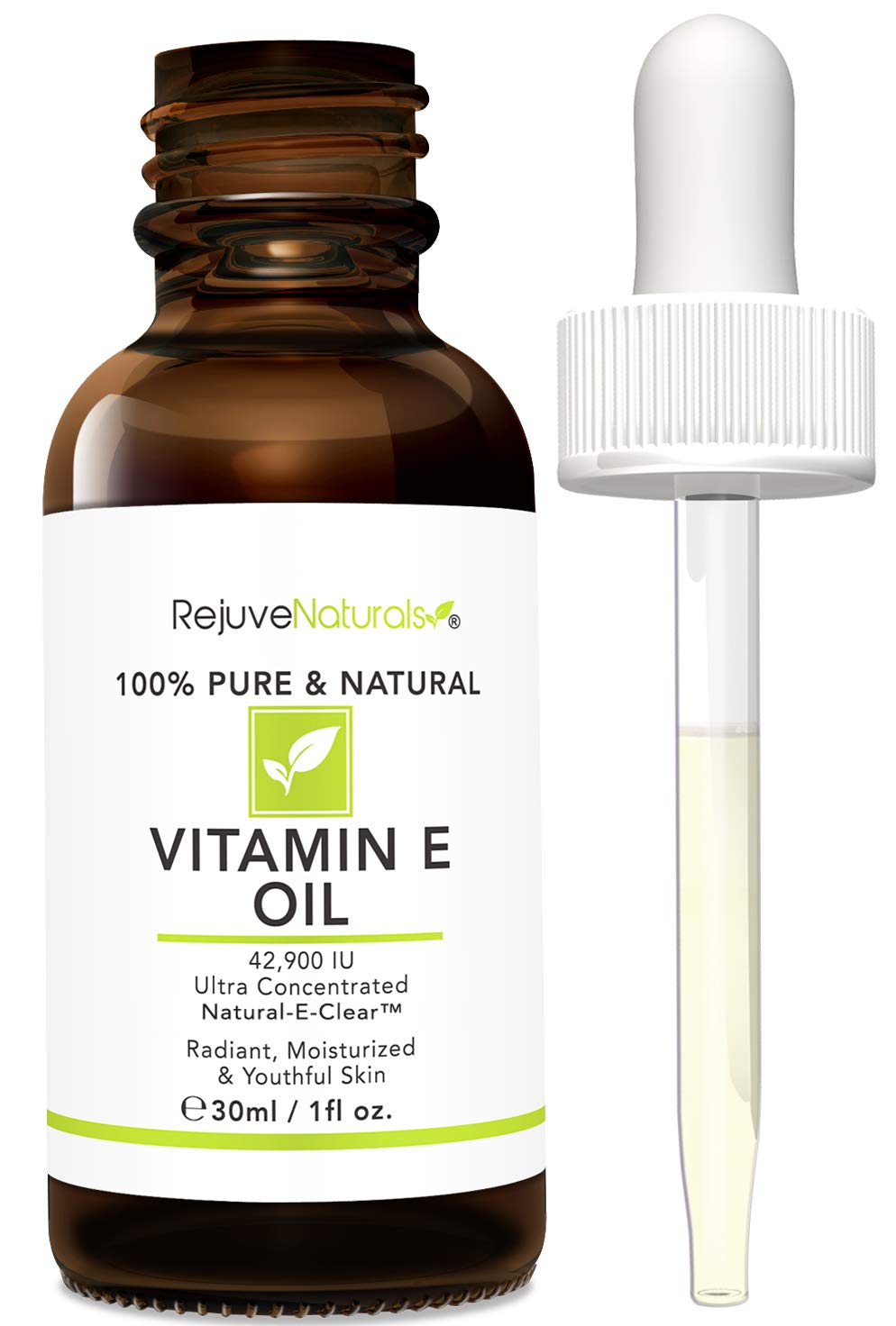 RejuveNaturals Vitamin E Oil bottle close-up showing pure, lightweight skin nourishment