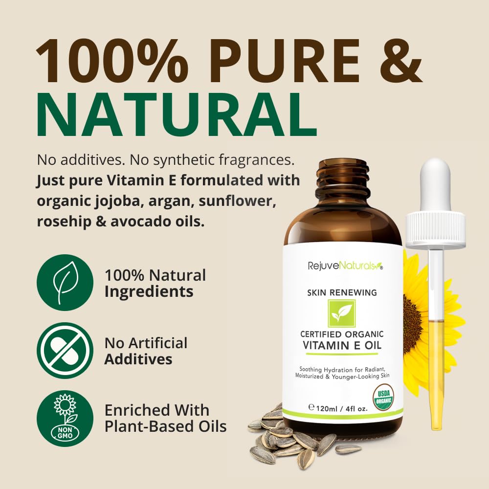 RejuveNaturals Vitamin E Oil on face and body for moisturized skin.