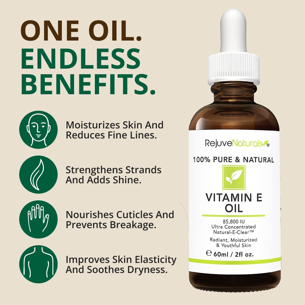 RejuveNaturals Vitamin E oil US-made label—gentle skin nourishment for face and body.