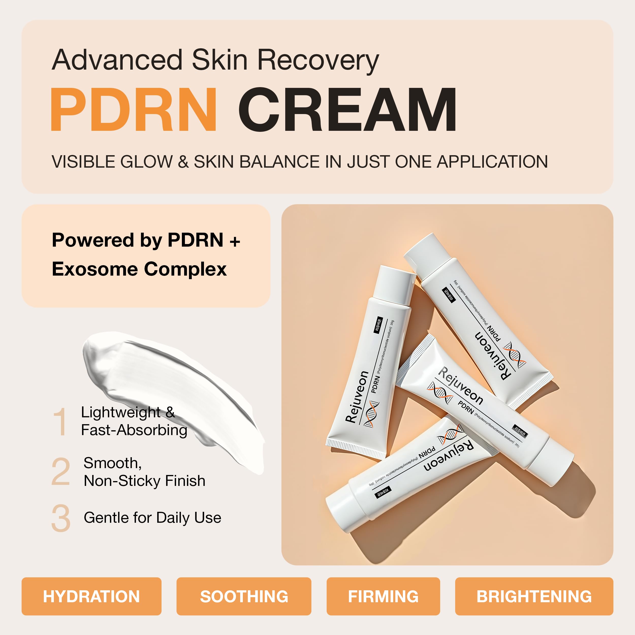 Rejuveon PDRN 1000 Plus Cream texture close-up showing silky, fast-absorbing formula.