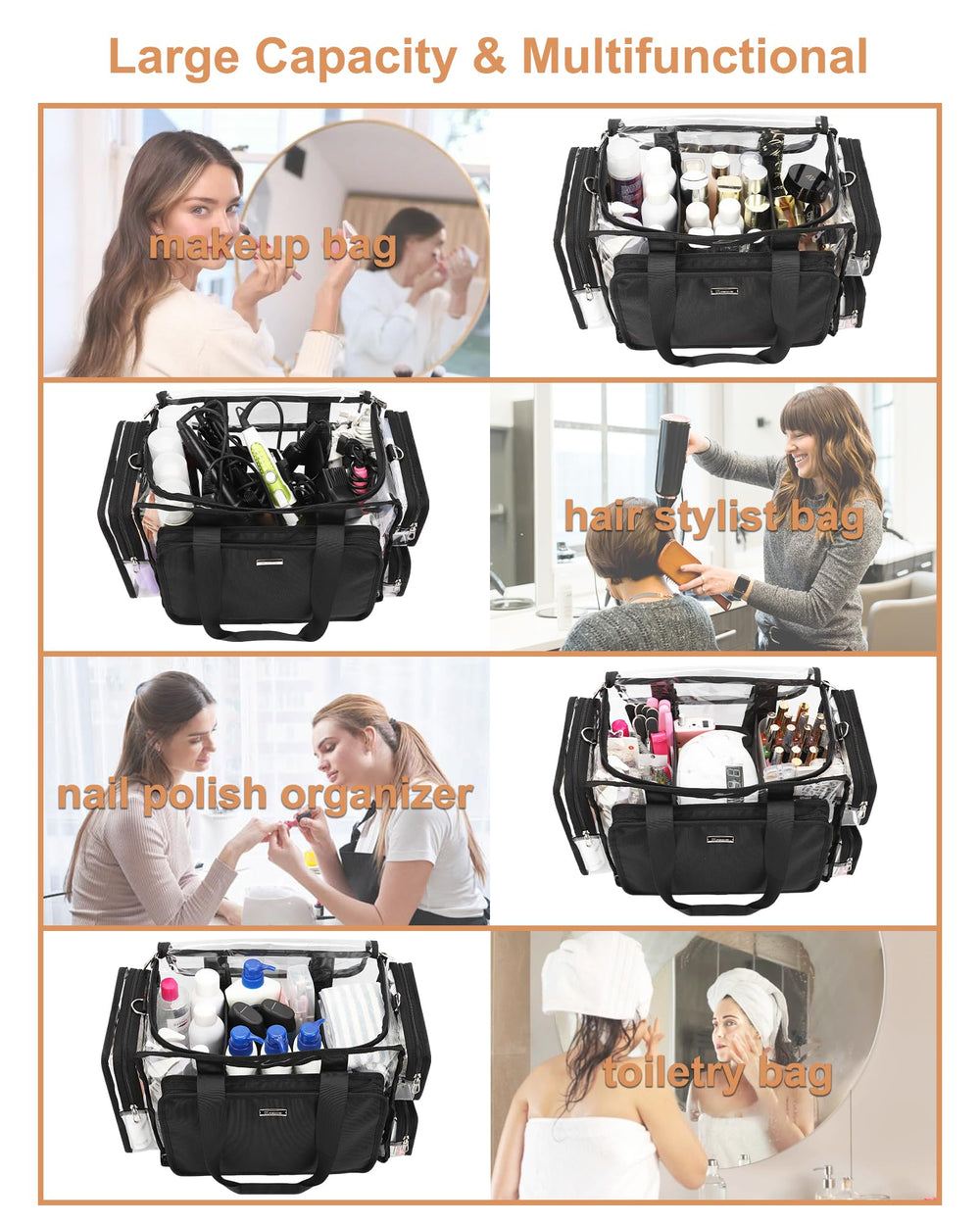 Relavel clear makeup bag reinforced base supports heavy tool loads.