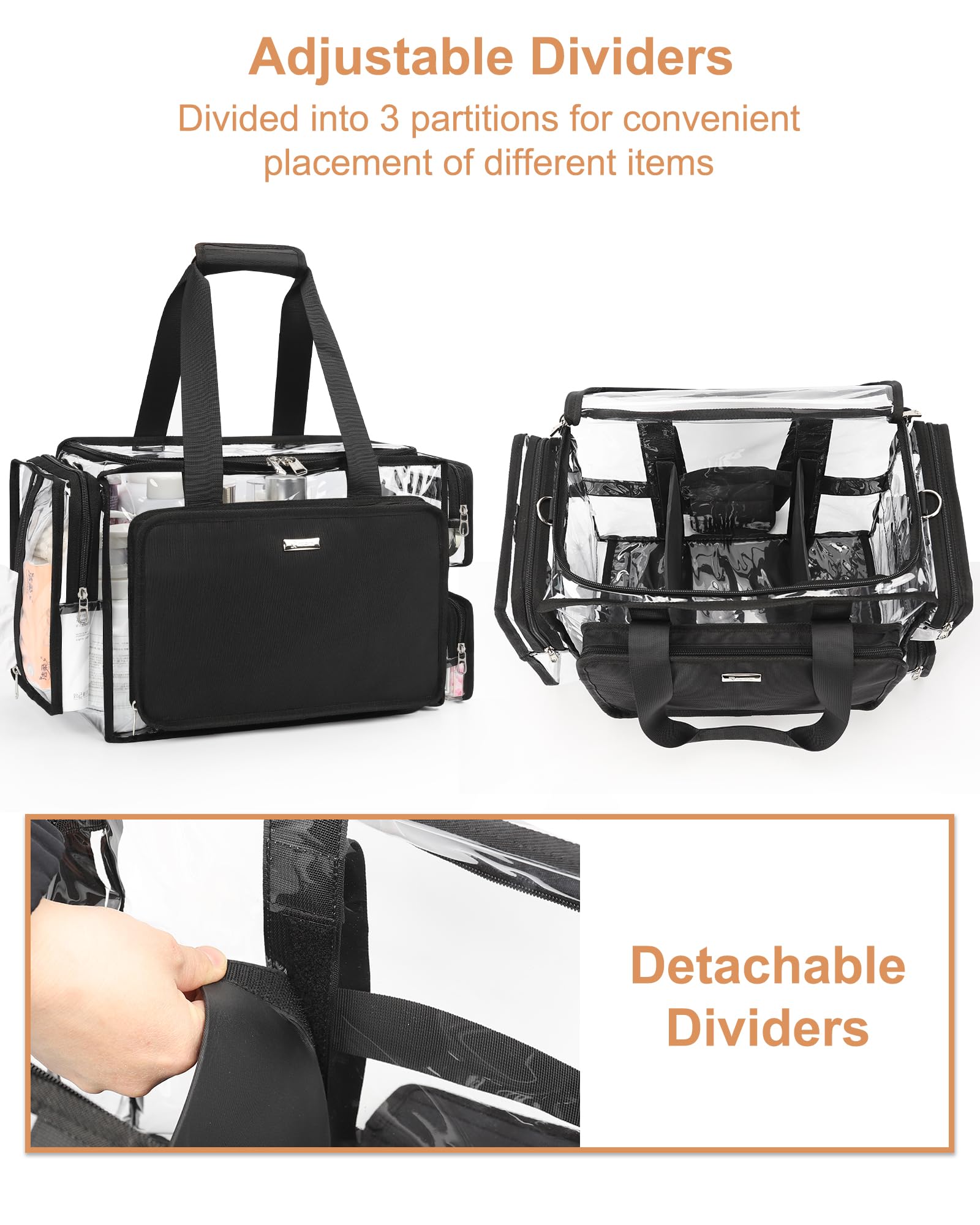 Relavel clear makeup bag adjustable shoulder strap and back strap for travel comfort.