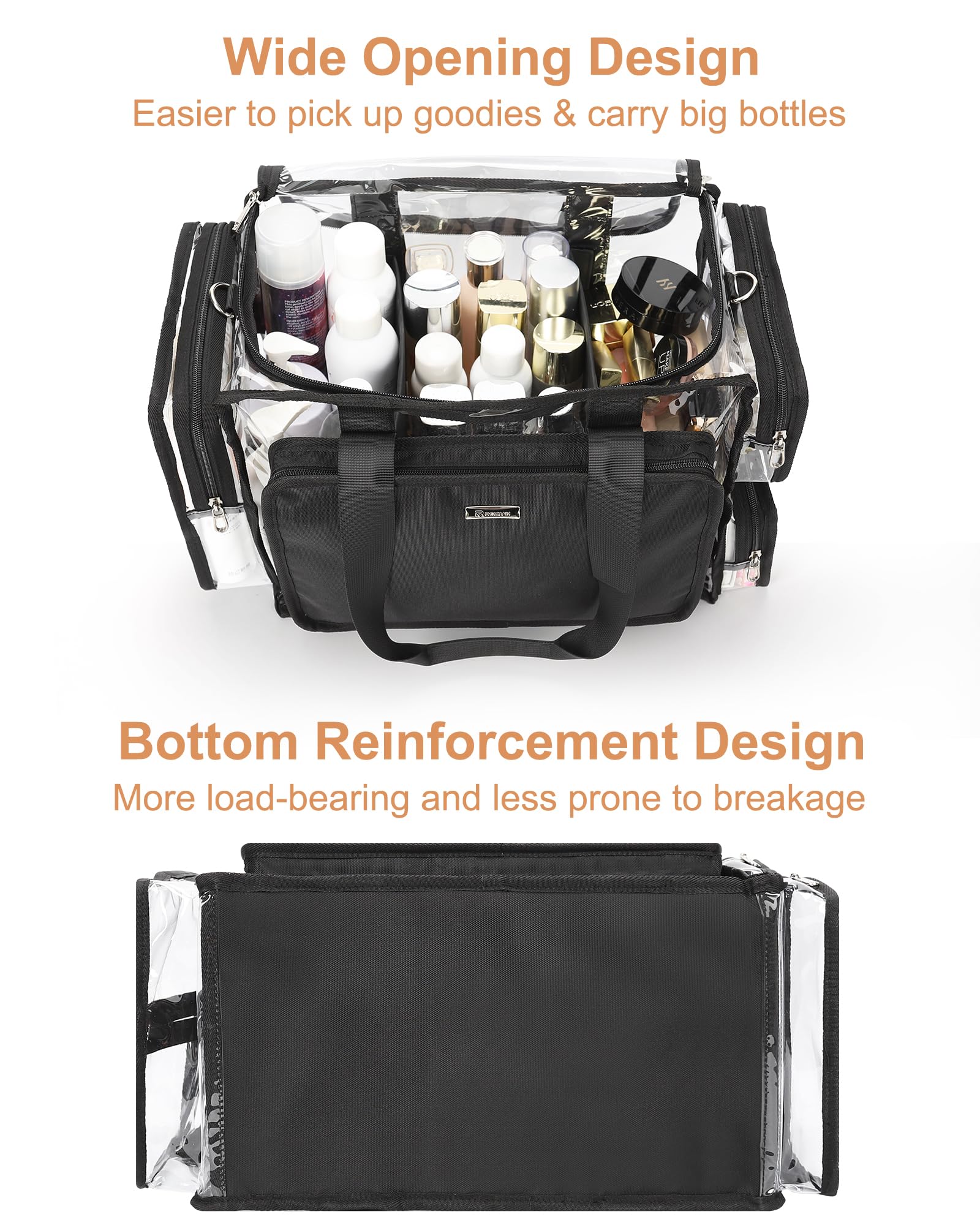 Relavel clear makeup bag wide opening and dual zippers for easy item retrieval.