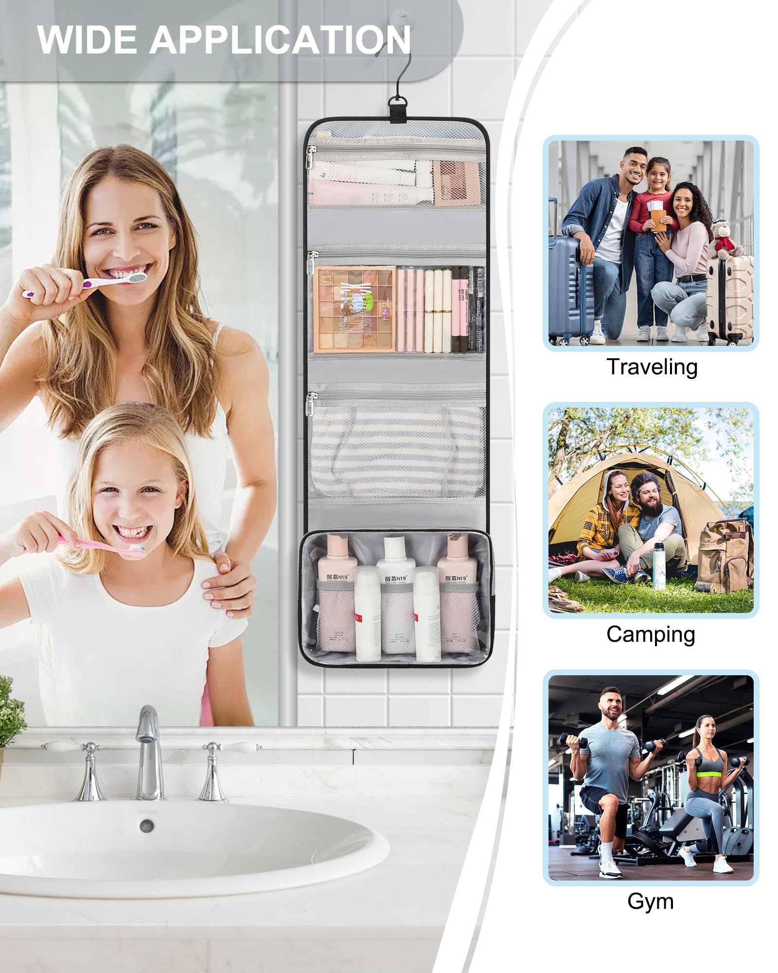 Relavel compartments with zipper storage keeps toiletries organized and accessible.