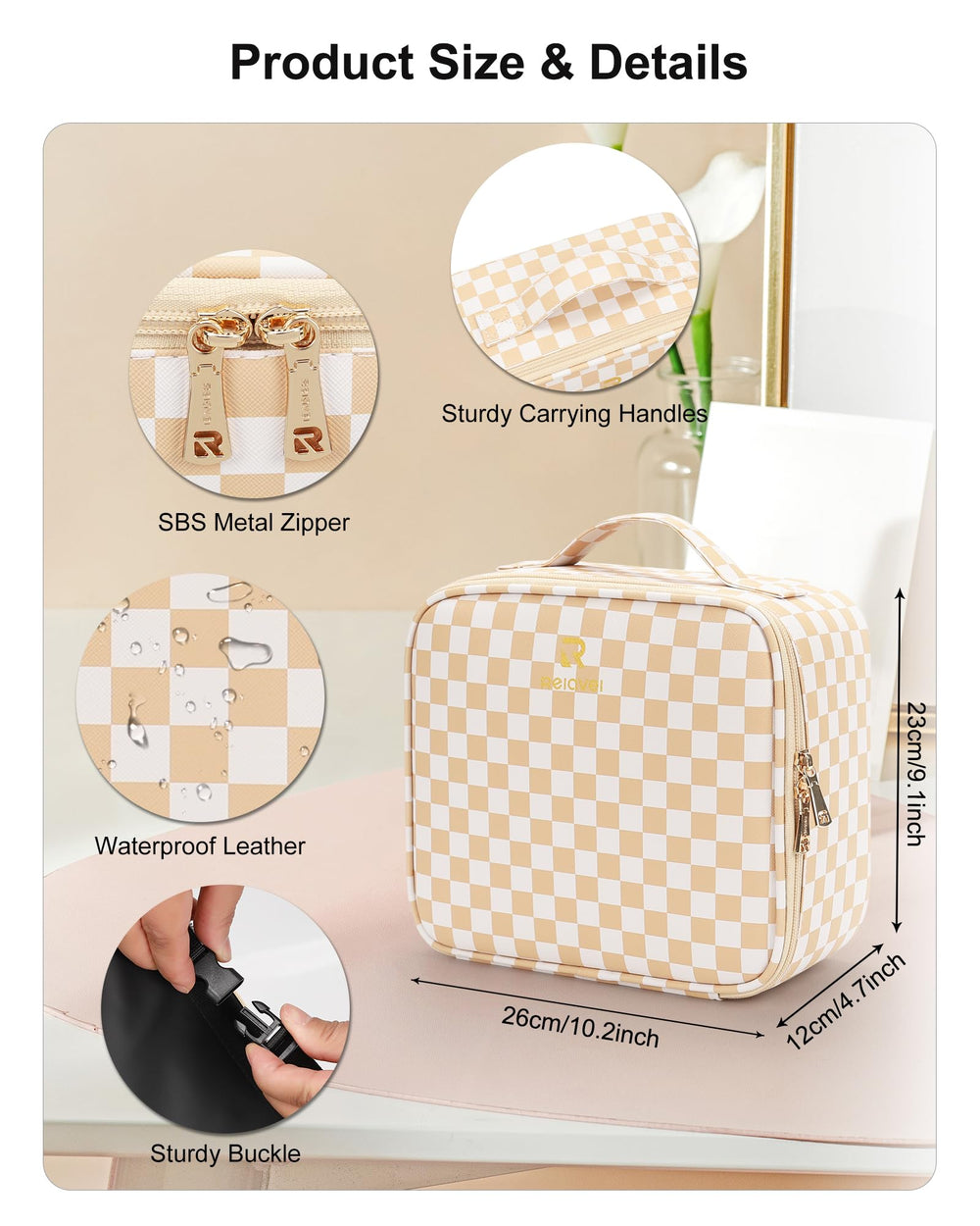 Relavel cosmetic train case with light-up mirror keeps perfect lighting for touch-ups.