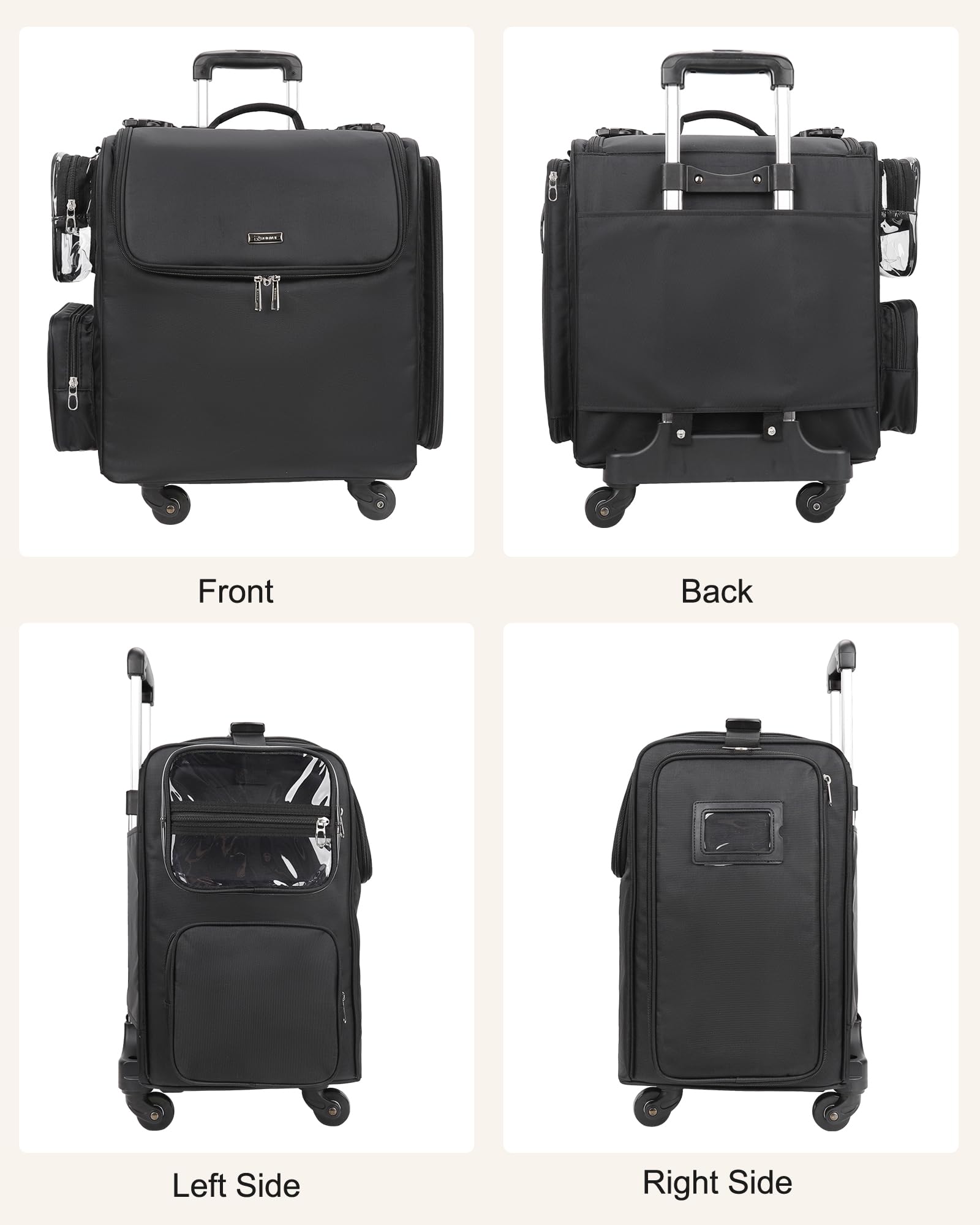 Relavel cosmetology case with retractable handle supports easy maneuvering.