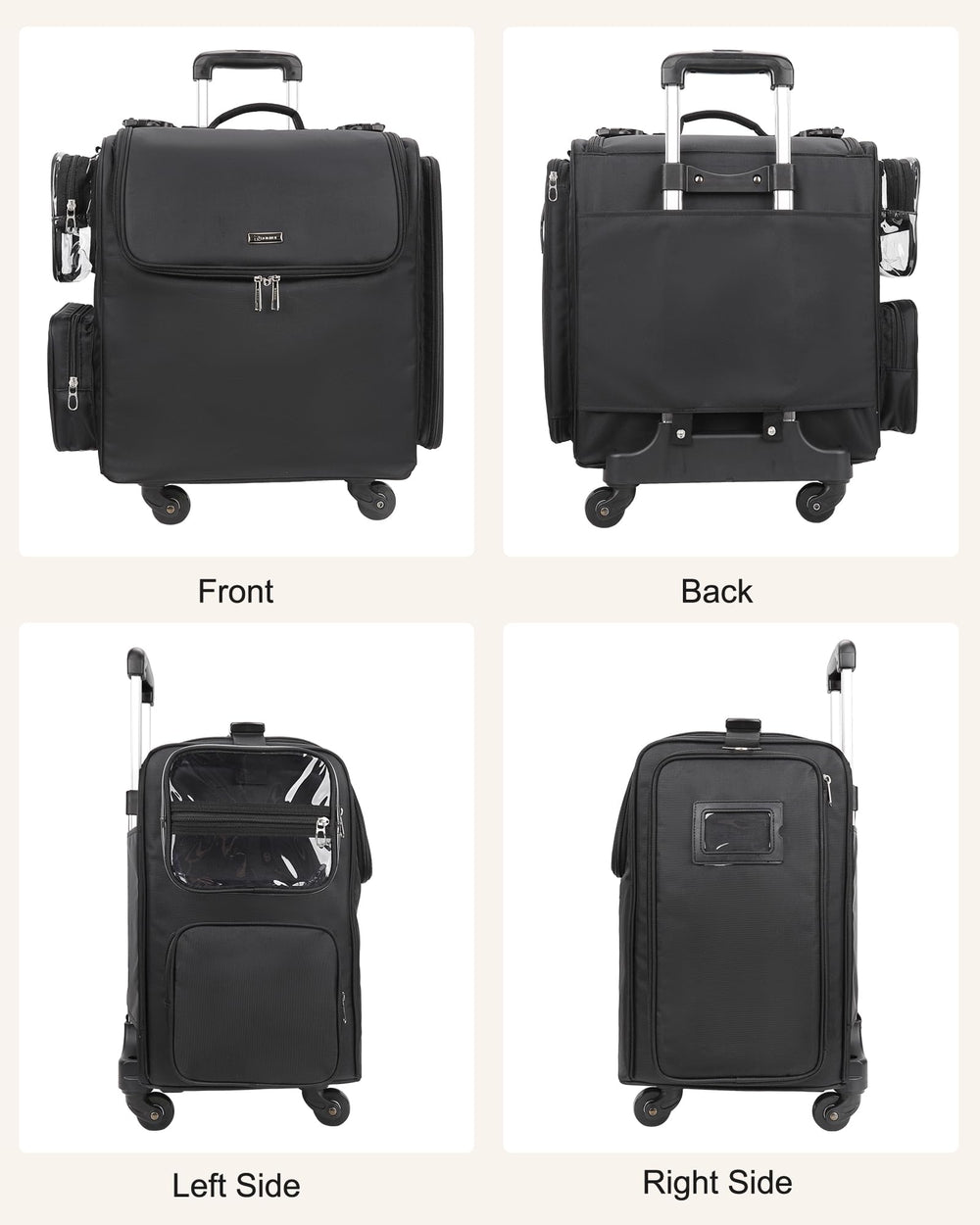 Relavel cosmetology case with retractable handle supports easy maneuvering.