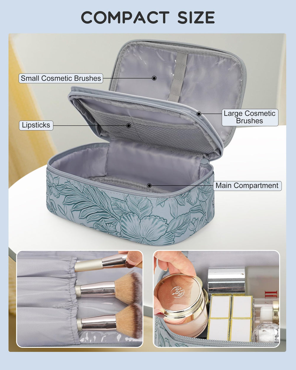 Relavel Flora Butterfly bottom mesh pockets for eyeshadow and blush storage.