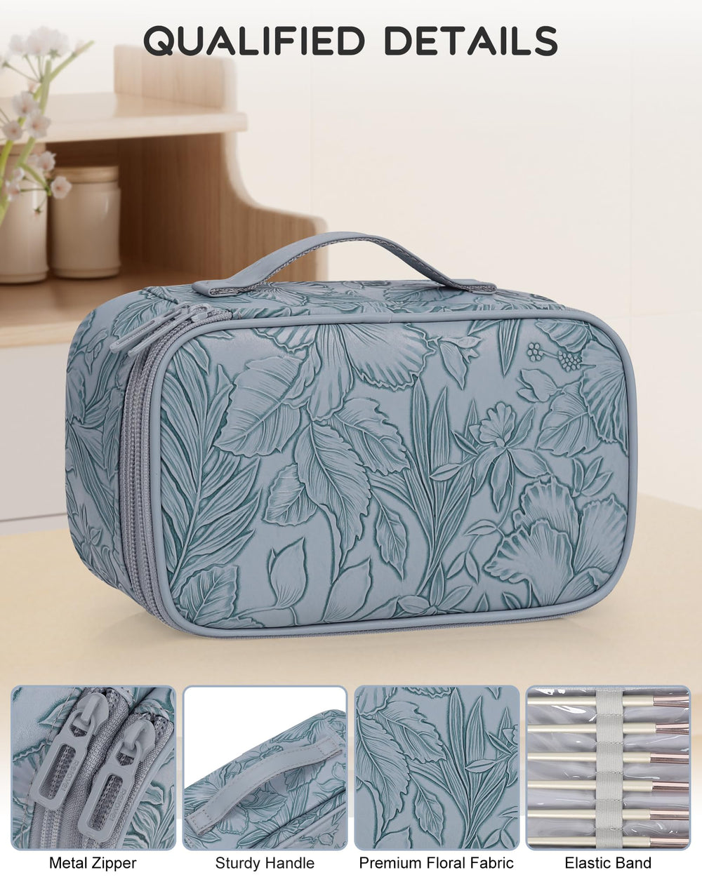 Relavel Flora Butterfly brush holder compartments for quick makeup reapplication.