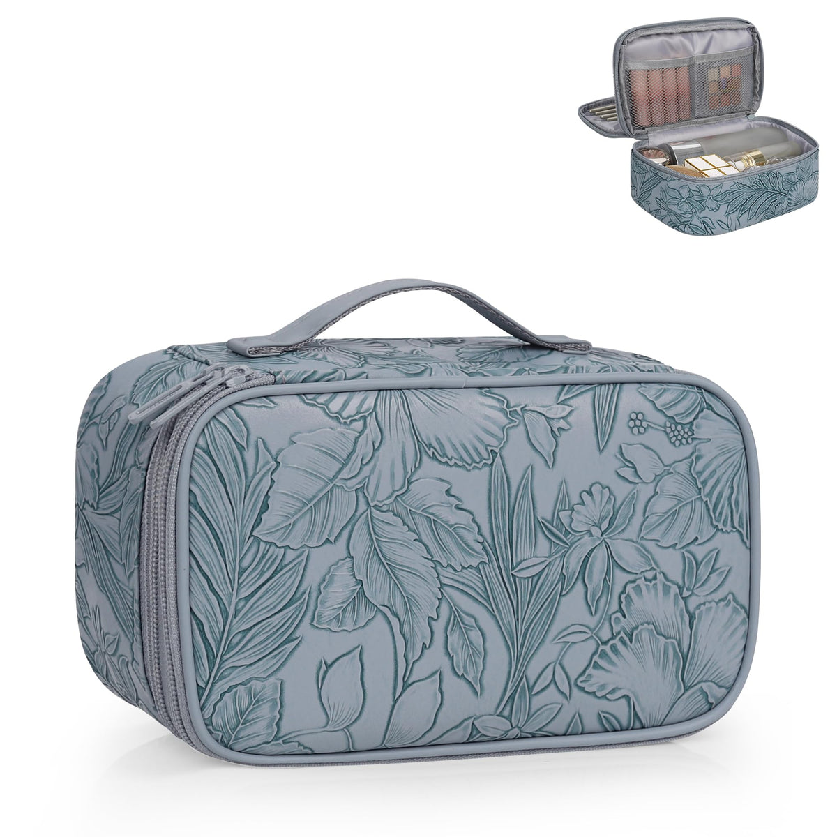 Relavel Flora Butterfly makeup bag top view, cute pink PU leather, portable storage for daily cosmetics.