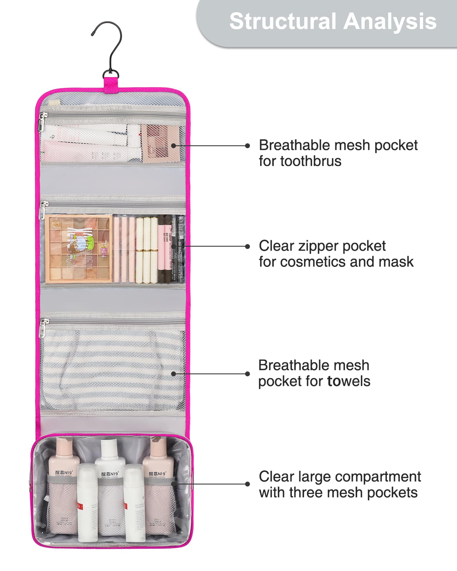 Relavel bag inside view reveals multiple zipper compartments for organized items