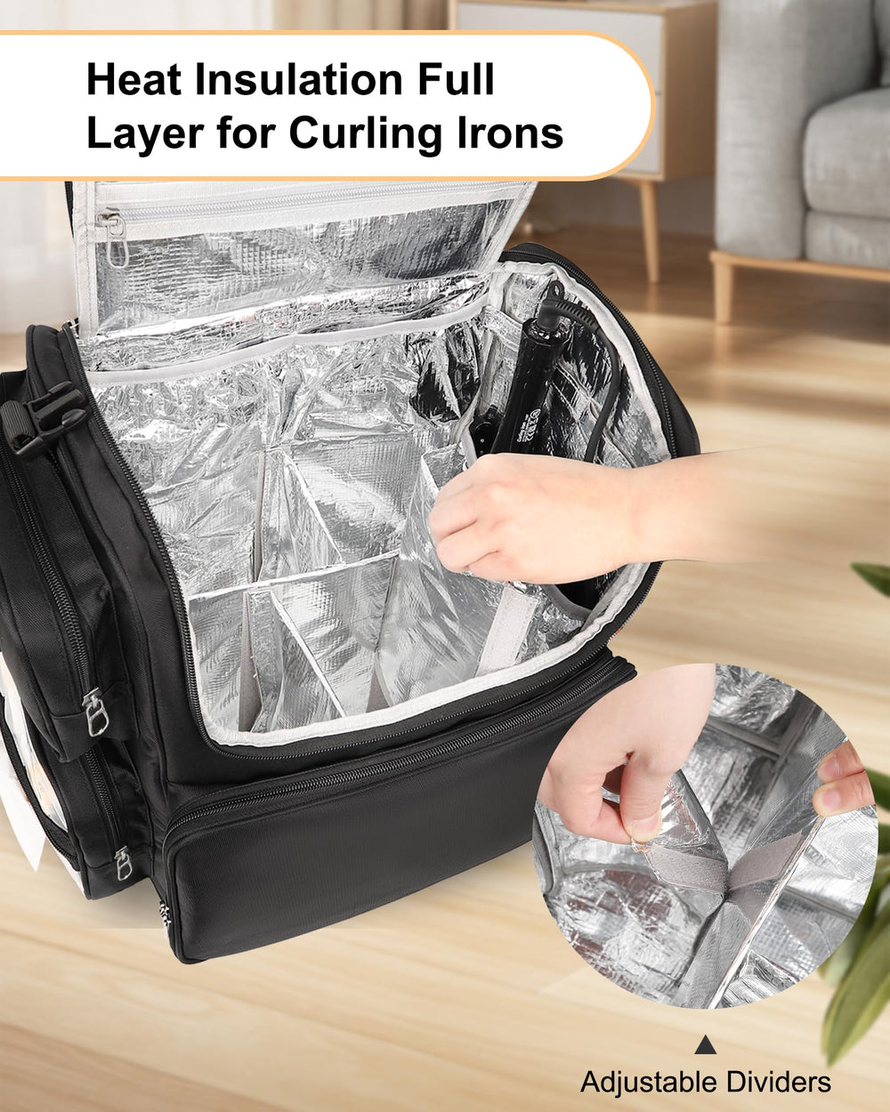 Relavel hair tools bag adjustable dividers create flexible spaces for dryer and straightener.