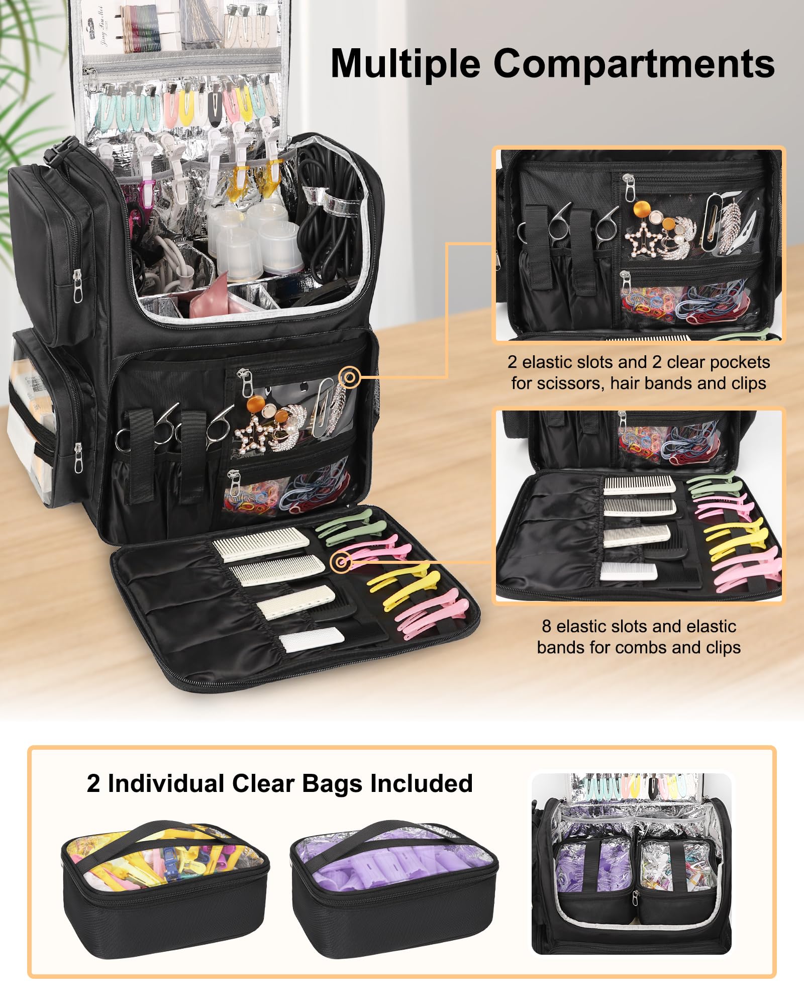 Relavel backpack straps provide comfortable support during long styling sessions.