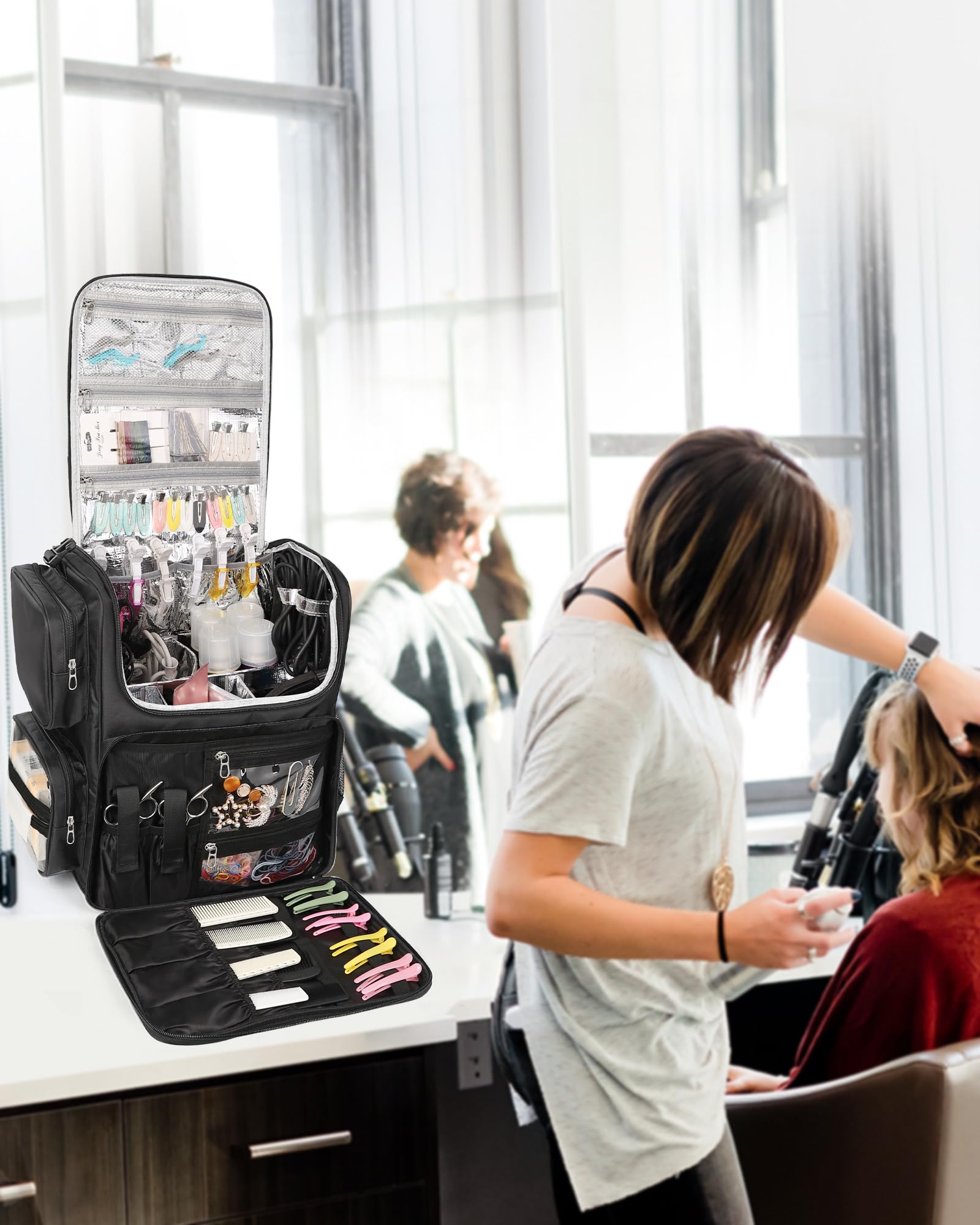 Relavel hair tools travel bag interior heat insulation layer keeps hot tools protected.