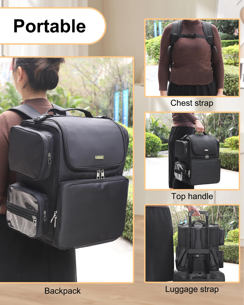 Relavel multi-compartment layout with clear pockets stores accessories within easy reach.
