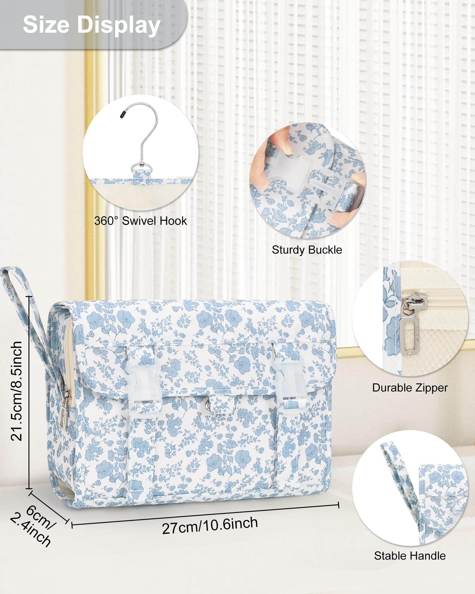 Relavel Hanging Toiletry Bag 360° hook shows versatile hanging for hotel rooms.