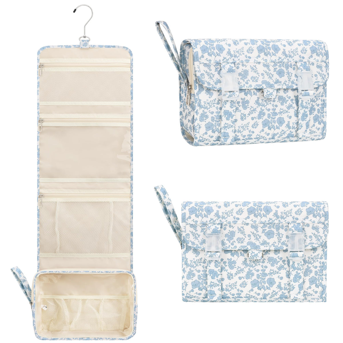Relavel Hanging Toiletry Bag shows spacious capacity for cosmetics and travel-size bottles.
