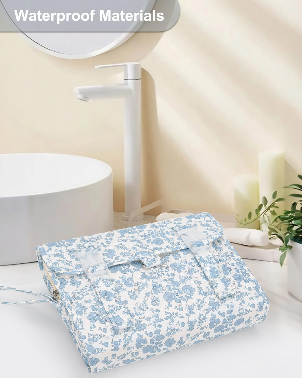 Relavel Hanging Toiletry Bag with makeup items shows capacity for cosmetics and essentials.