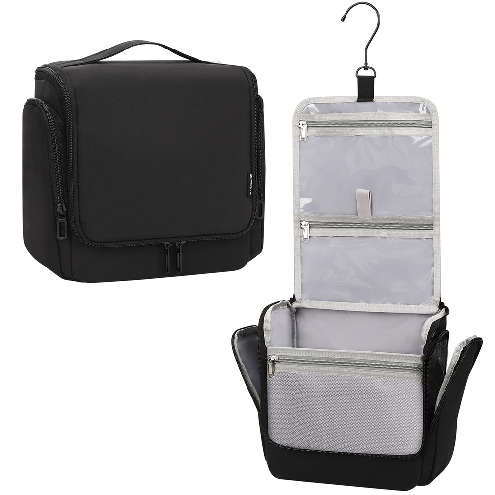 Relavel hanging toiletry bag main compartment shows organized space for cosmetics and travel essentials.