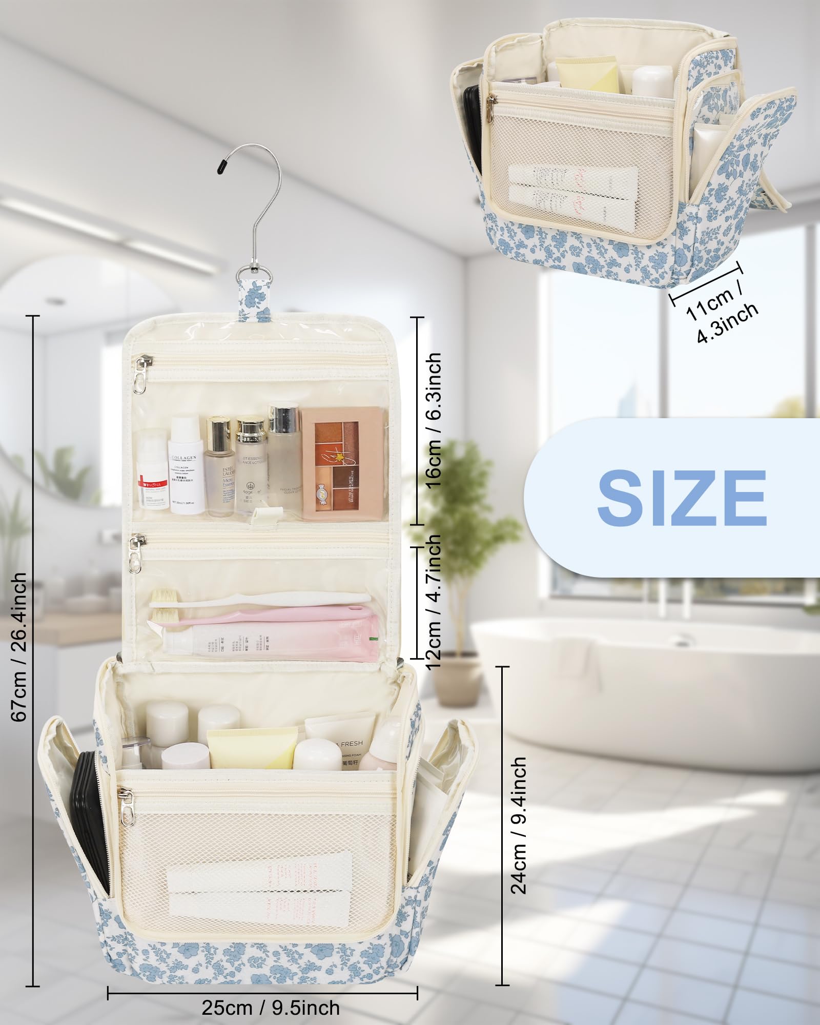 Relavel Hanging Toiletry Bag with multi-compartments open layout keeps cosmetics organized on trips.