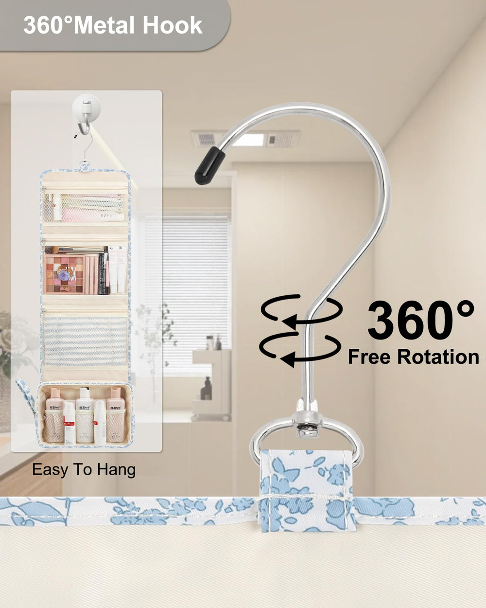 Relavel Hanging Toiletry Bag open extended reveals organized storage for full-sized bottles.