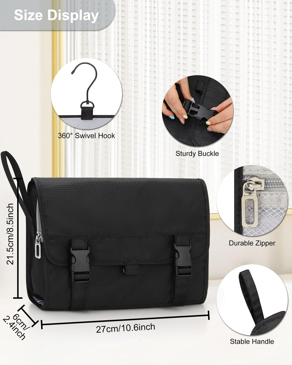 Relavel hanging toiletry bag with 360-degree swivel hook ideal for hotel or home use.