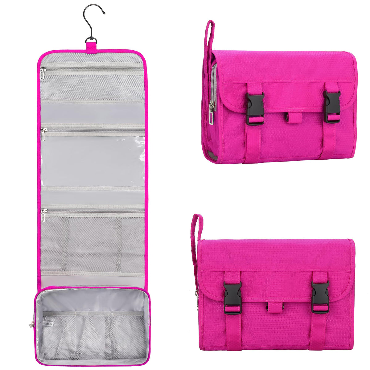 Relavel hanging travel toiletry bag open demonstrates large capacity for family trips