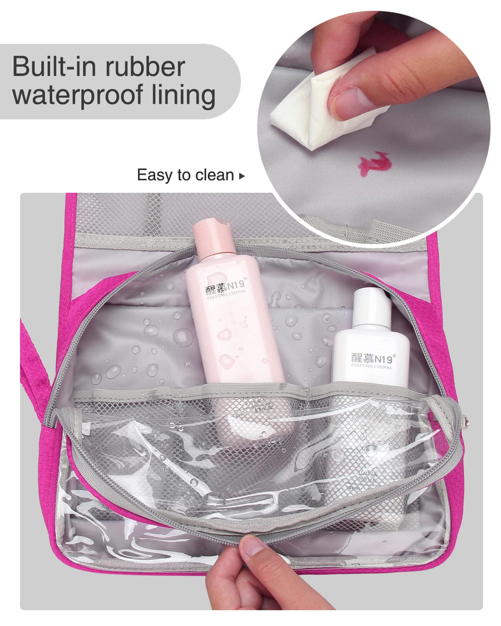 Relavel travel bag in use during hotel stay shows easy access and spill prevention