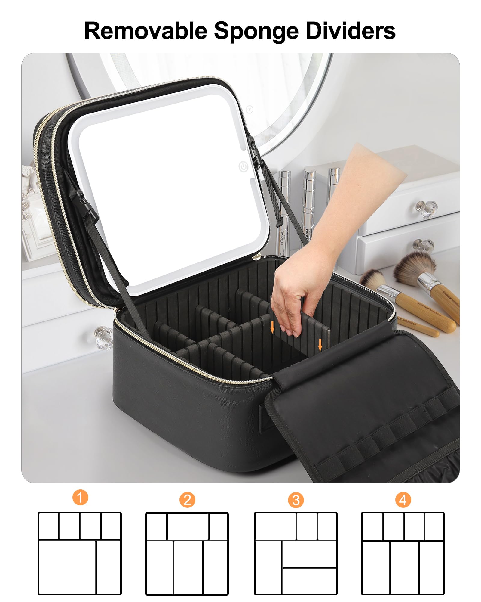 Relavel makeup bag adjustable dividers, customizable compartments for brushes and cosmetics.
