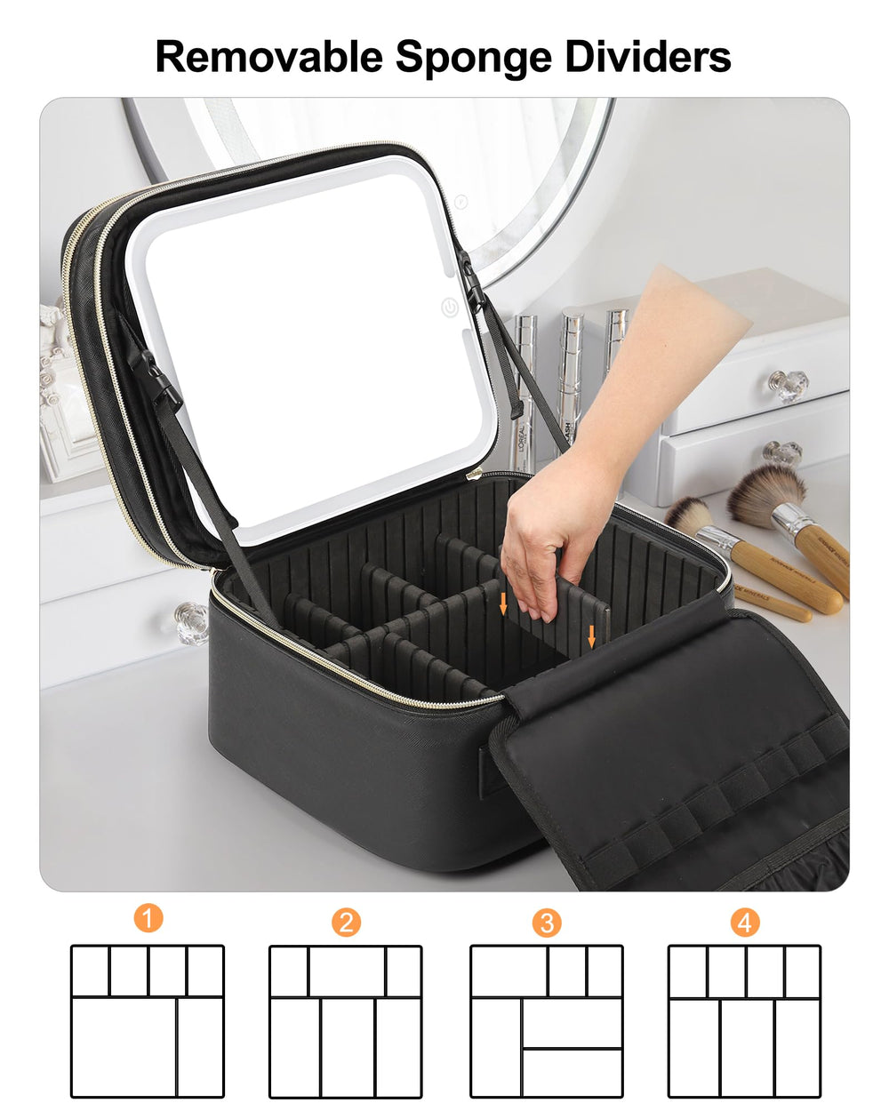 Relavel makeup bag adjustable dividers, customizable compartments for brushes and cosmetics.
