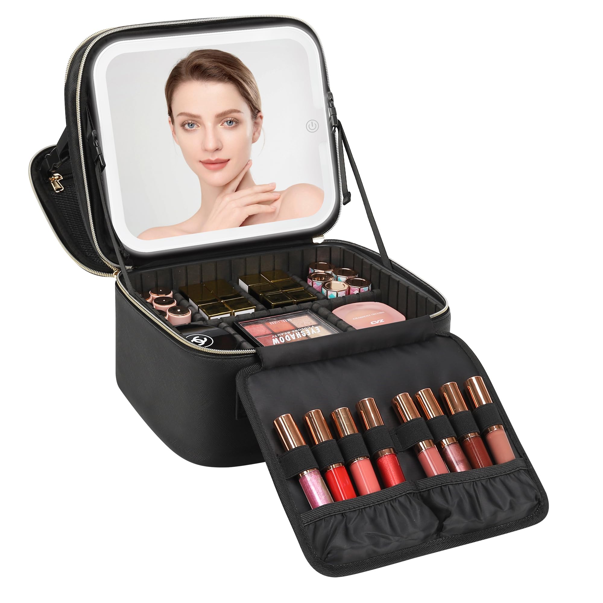 Relavel makeup bag LED mirror front view, portable lighting for precise makeup on the go.