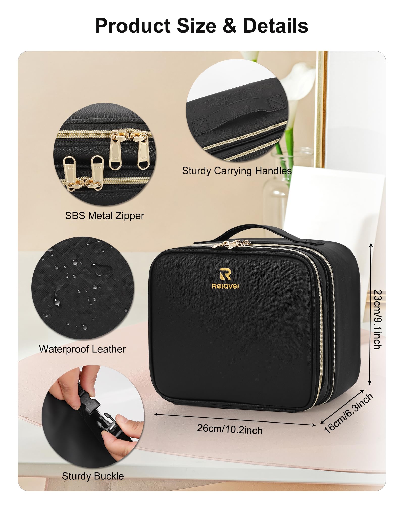 Relavel makeup bag LED mirror inside view, ample space for cosmetics and tools.