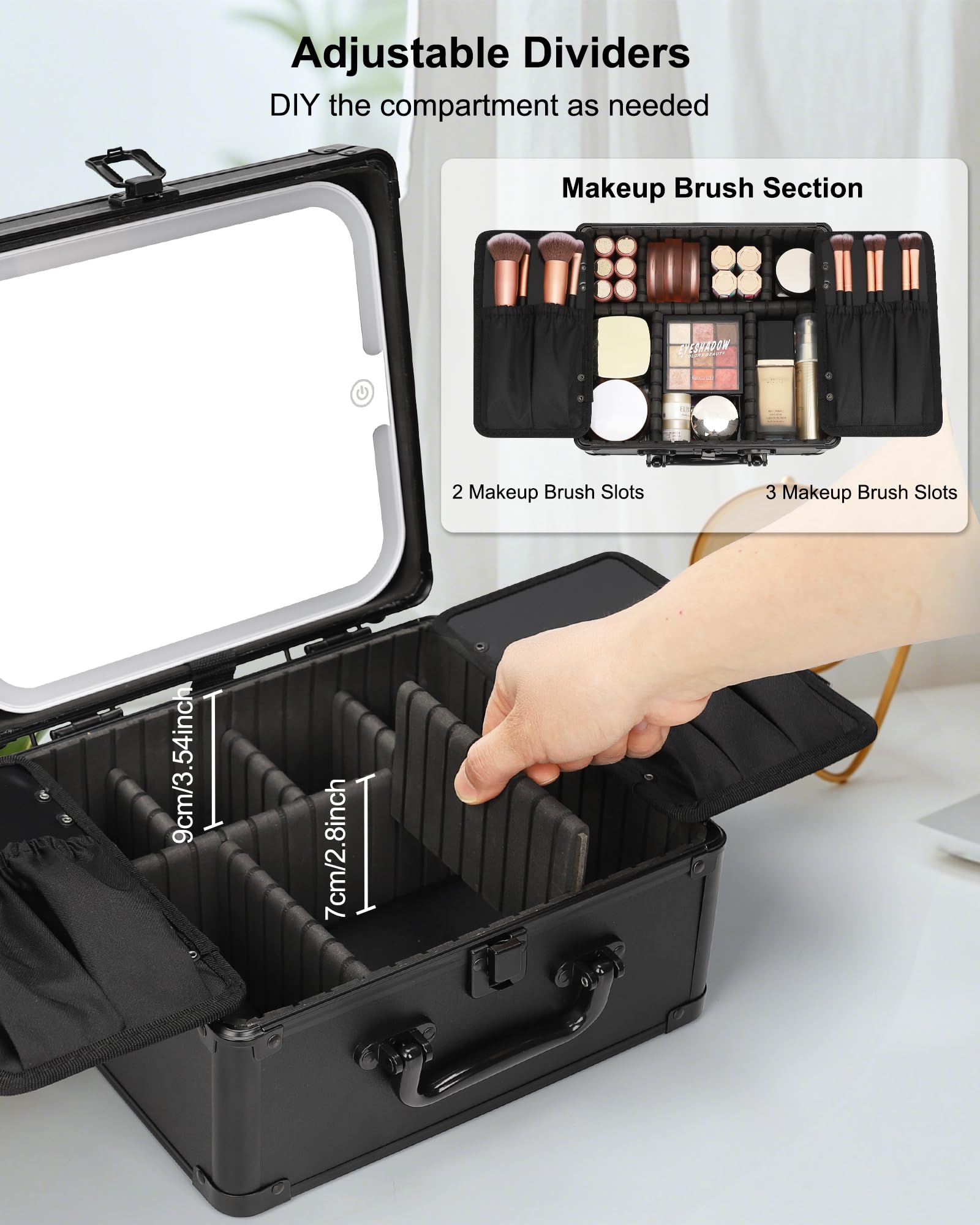 Relavel makeup bag with LED mirror open, showing accessible lighting