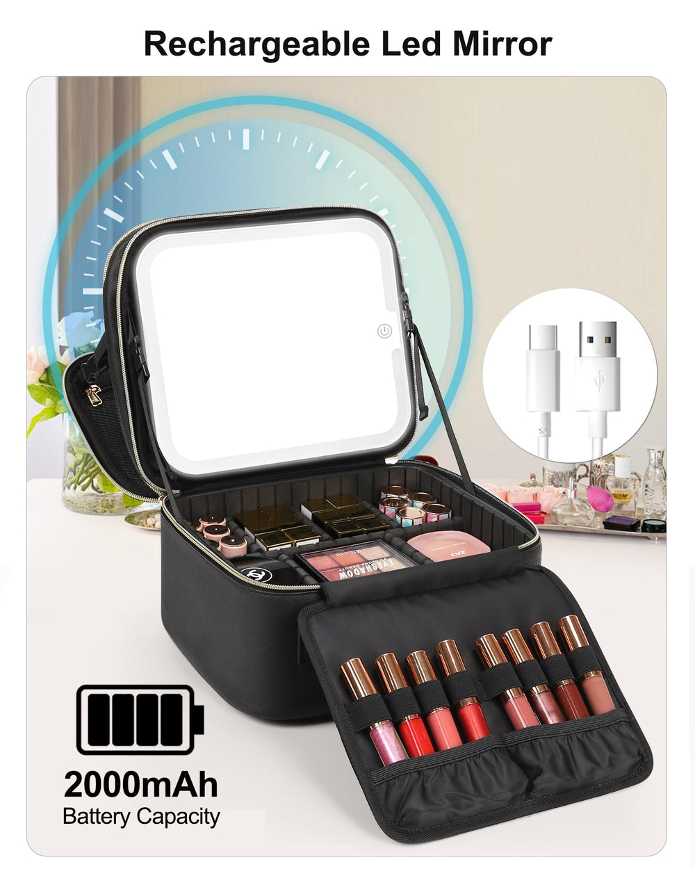Relavel makeup bag lipstick compartments, secure storage for lip products during transit.