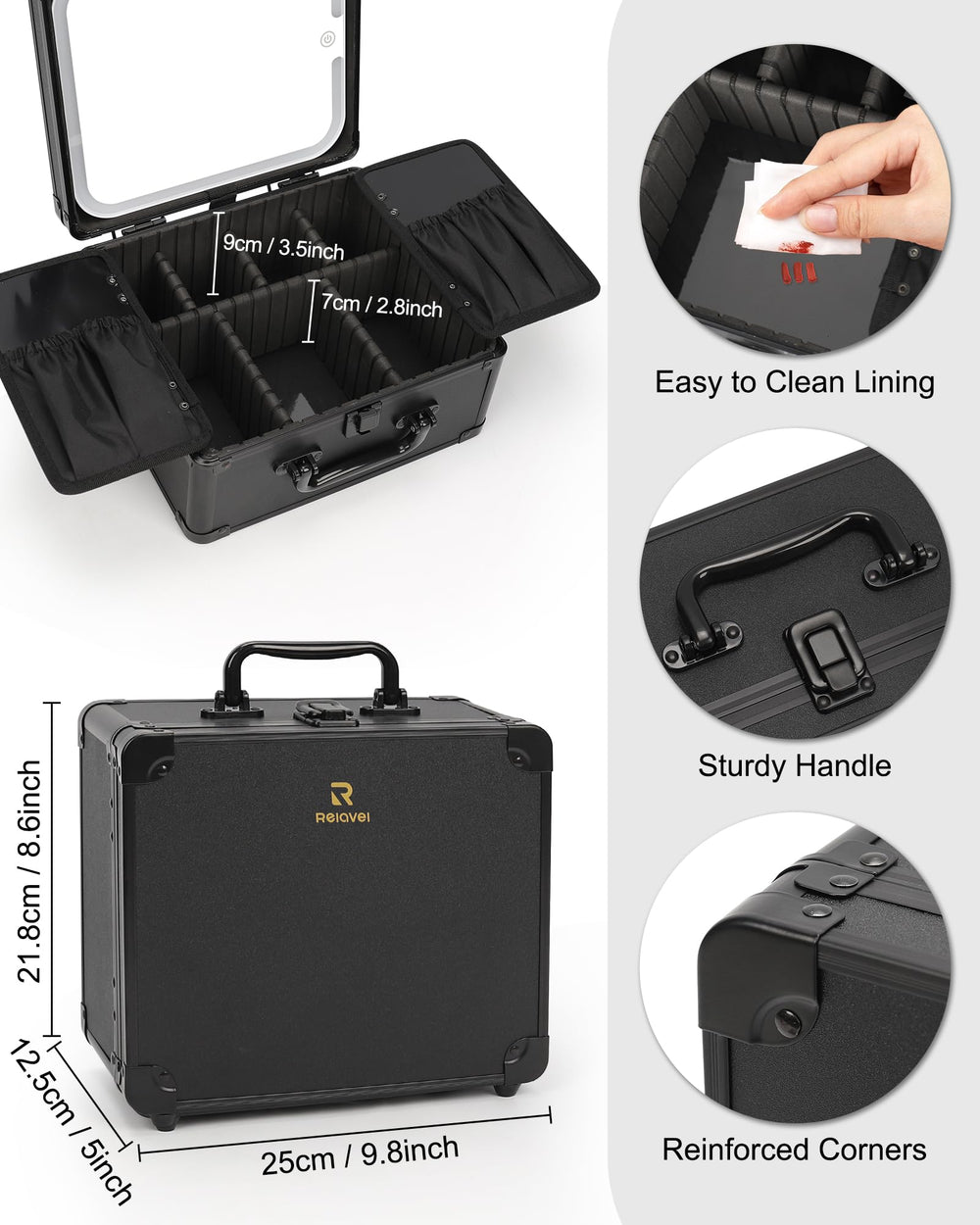 Relavel makeup bag USB-rechargeable mirror for on-the-go power