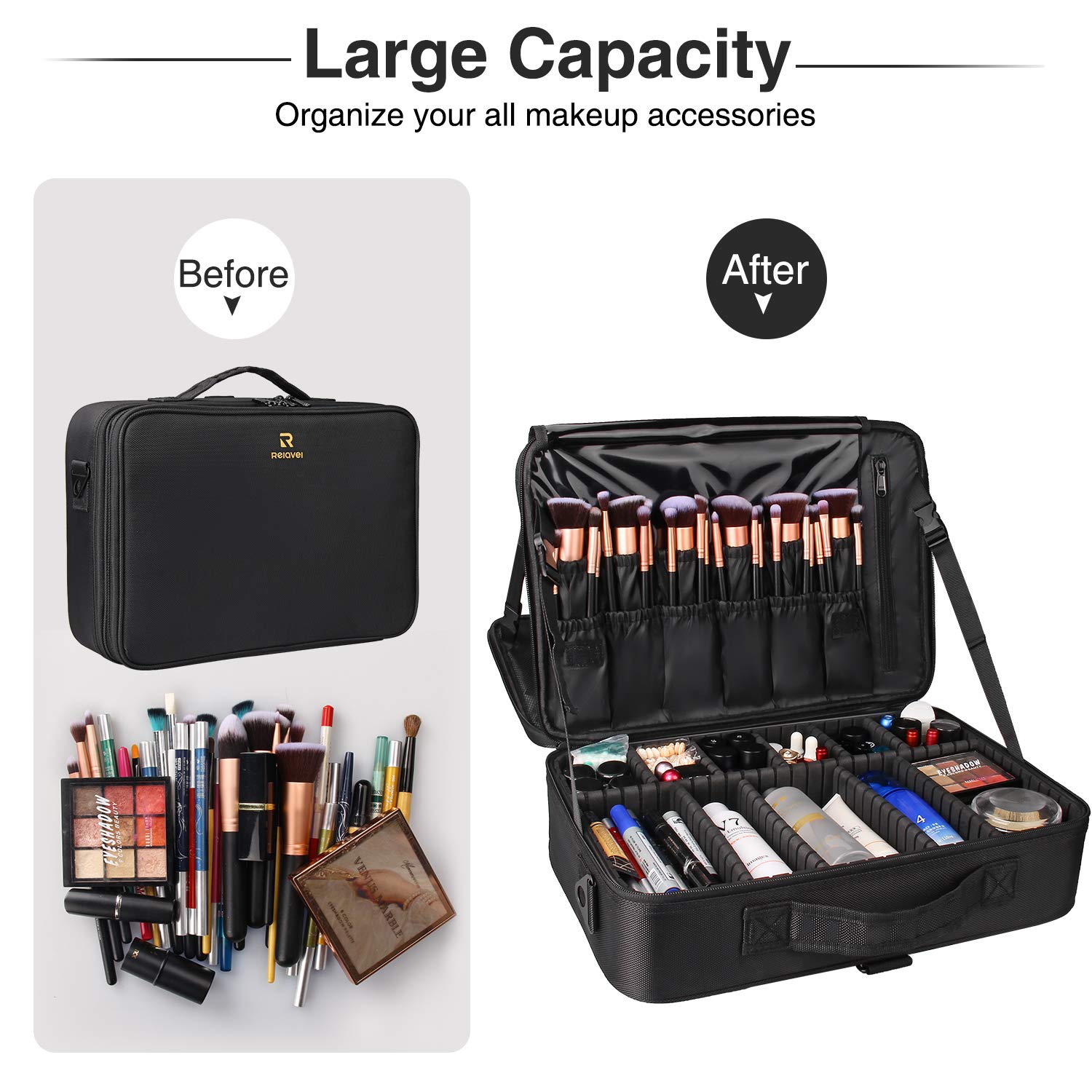 Relavel makeup case interior dividers shows customizable space for brushes and palettes